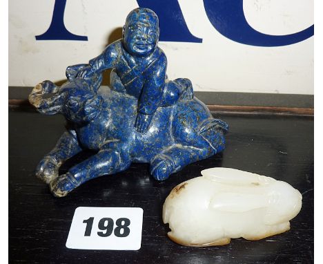 Chinese carvings, a Lapis Lazuli boy and buffalo (A/F), and a pale jade rabbit
