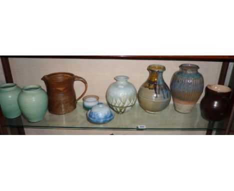Shelf of Studio pottery vases etc.