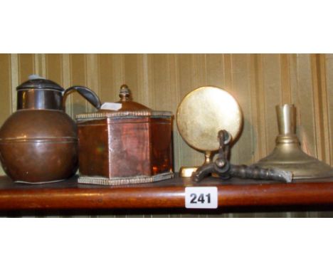 Assorted metalware, copper tea caddy, miniature brass tilt-top table etc.