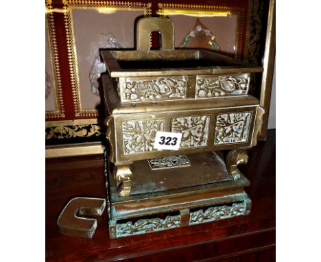 Early 20th c. Chinese bronze censer of square form on stand (A/F)
