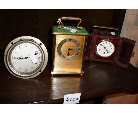 Imhof carriage clock, German Art Deco travel clock in wooden case, and a Smiths vintage automobile clock