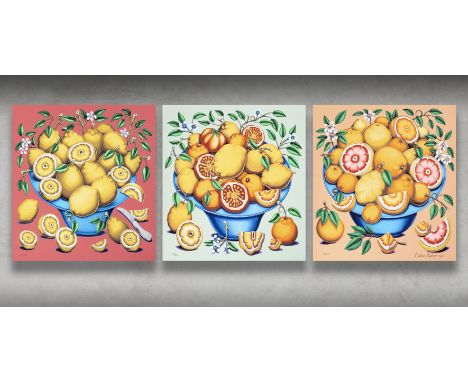 Pedro Pedro (American 1986-), 'Bowls With Citrus, Flowers &amp; Sliced Tomatoes', 2021, a completed set of three 160 lb Mohaw