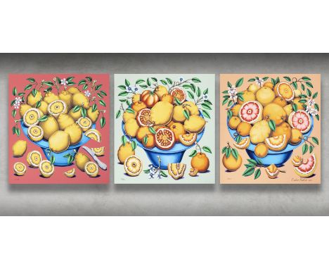 Pedro Pedro (American 1986-), 'Bowls With Citrus, Flowers &amp; Sliced Tomatoes', 2021, a completed set of three 160 lb Mohaw