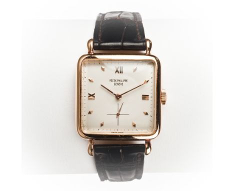 GENTLEMAN'S EIGHTEEN CARAT GOLD PATEK PHILIPPE WRIST WATCH
c.1953, movement 956832, case 666736,  the square dial with Roman 