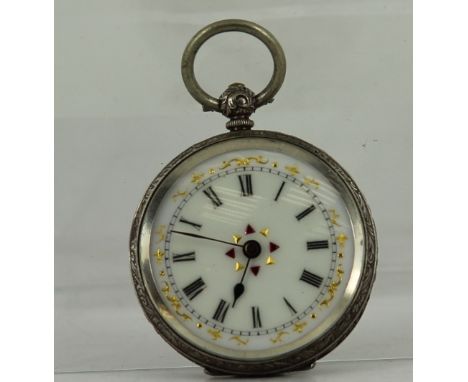 A hallmarked silver key wind fob watch with jeweled enamel dial  