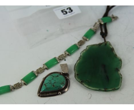 Chinese Jade and silver bracelet, Silver and turquoise pendant and a hardstone pendant  