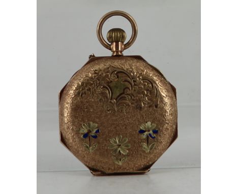9ct gold fob watch with enamel back and dial. Gross 21g  