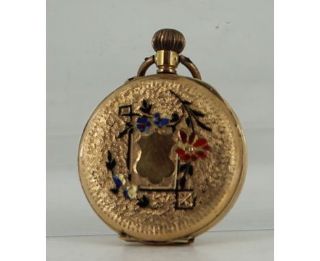 14ct gold top wind fob watch with enamel decorated back. Gross 18g  