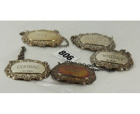 5 Hallmarked silver decanter labels, whisky gin, port sherry and brandy 59g  