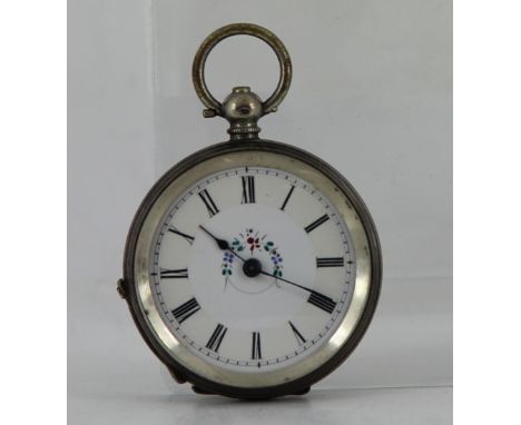 Hallmarked silver key wind fob watch with painted enamel dial  