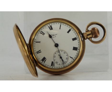 A rolled gold full hunter pocket watch with enamel dial by Baltham USA 