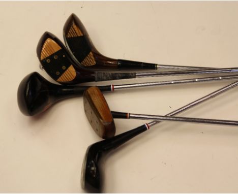 4 vintage driver and fairway woods and a Ben Sayer wooden putter  