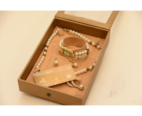 Princess pearl set including: necklace, earrings,and watch. Boxed  