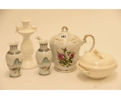 A musical tea for two tea pot together with a creamware bowl similar candle stick and 2 small Japanese vases  