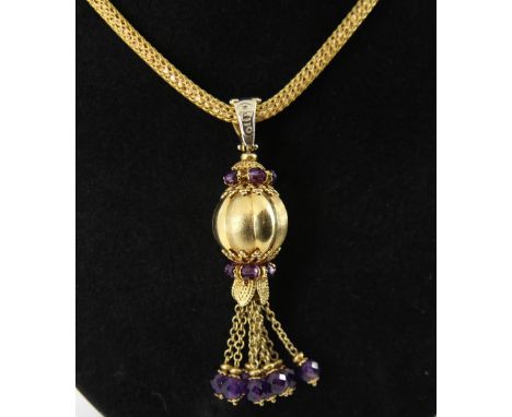 A fine designer 18ct yellow gold amethyst drop necklace on rope chain. Approx 40cm long.  