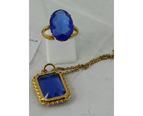 18ct yellow gold dress ring and necklace pendant with blue stones  