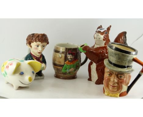 Squirral teapot, ceramic money box and 3 toby jugs  