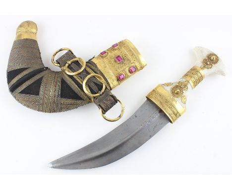 An important late 19th Century Yellow metal Arab Khanjar/Jambiya dagger with bone handle, intricate filigree decoration attac