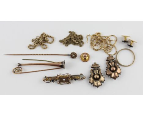 A collection of gold jewellery, to include; A yellow metal bar brooch with central seed pearl with two sapphires flanked eith