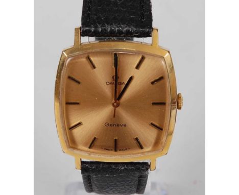 An Omega Geneve gent's gilt metal cased wristwatch, having a signed champagne dial, baton markers, Swiss Made manual wind mov