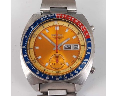 A gent's Seiko 6139 -6030R 'Pogue' chronograph wristwatch, having a signed orange dial with subsidiary seconds dial, luminous