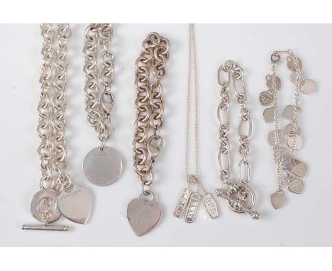 A collection of Tiffany and Tiffany style silver and white metal bracelets and necklace, to include chainlink example with du