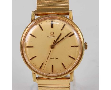 A gent's Omega Geneve gilt metal cased wristwatch, circa 1971, having a signed champagne dial, baton markers, and manual wind