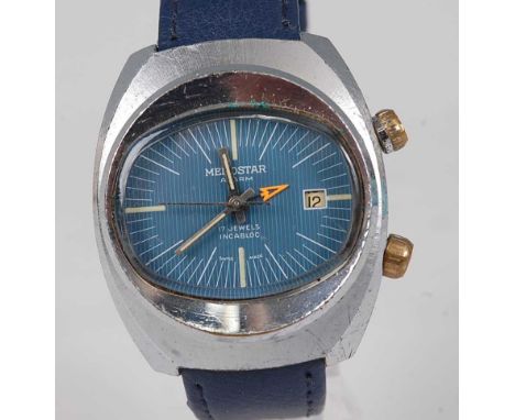 A gent's Memostar alarm steel cased vintage wristwatch, circa 1970s, having a signed blue dial with luminous quarter baton ma