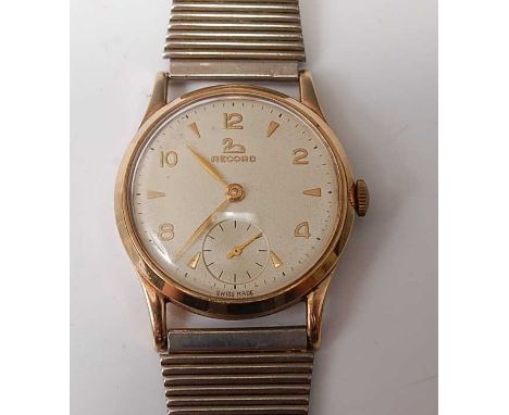 A yellow metal Record manual wind wristwatch, having round cream Arabic dial with subsidiary dial at 6 o'clock, fitted to a n