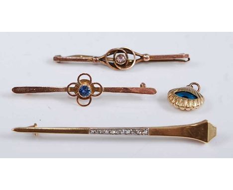 A selection of yellow metal bar brooches, comprising; a sword shaped bar brooch with 11 rose cut diamonds, dimensions of diam