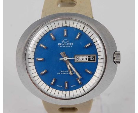 A gent's Buler Tasmania steel cased vintage wristwatch, the signed blue dial with baton markers, day/date aperture at 3 o'clo