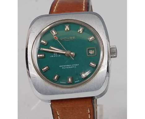 A Sicura vintage gent's steel cased wristwatch, having signed green dial with baton markers, date aperture, automatic movemen