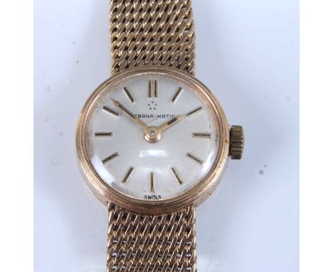A 9ct yellow gold lady's Eternamatic wristwatch, having round silver baton dial and integral Milanese bracelet with ladder cl