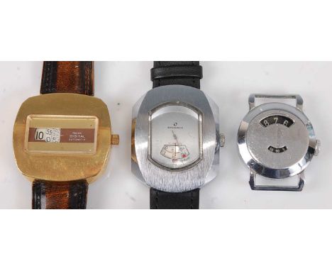 A Rexor gent's gold plated jump-hour 'digital' wristwatch, having triple rolling dials, automatic movement, case dia.4cm; tog