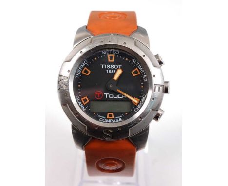 A stainless steel Tissot Touch quartz wristwatch, having round black multifunction dial displaying meteo, altimeter, chrono, 