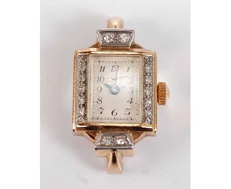 A yellow metal Art Deco style Longines diamond cocktail watch, comprising a rectangular champagne Arabic dial within a bezel 