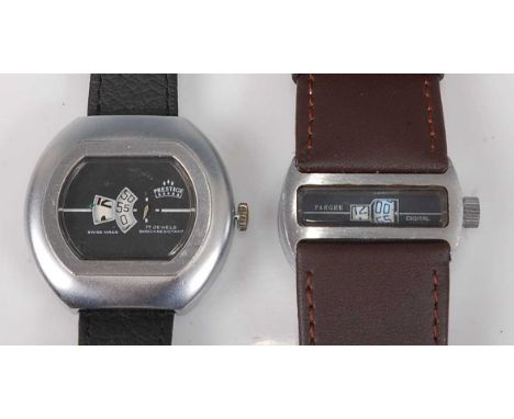 A Prestige gent's brushed steel cased jump-hour wristwatch, the signed black dial with subsidiary hour and minute dials, and 
