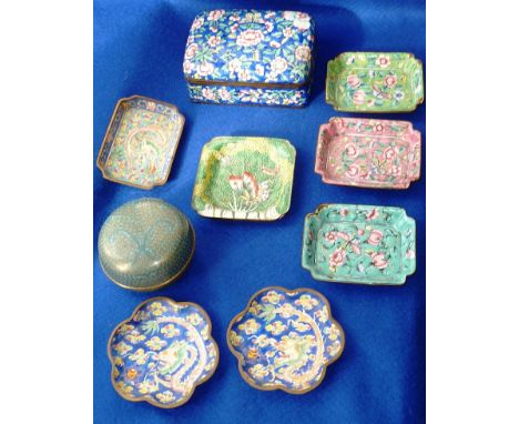 A selection of small Chinese Canton enamel Trays together with a Canton enamel Box and Cover decorated with prunus etc., (dam