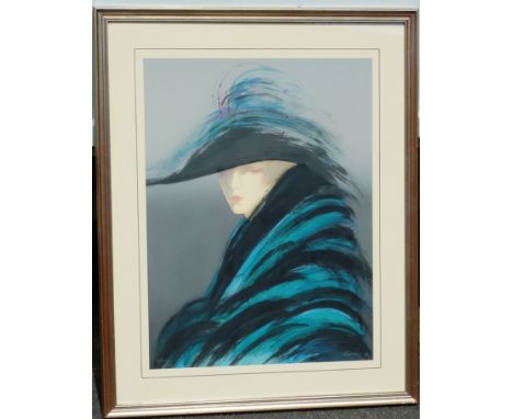 *A 20th Century Limited Edition Print of a lady wearing a feather hat and turquoise and black coat, indistinctly signed lower