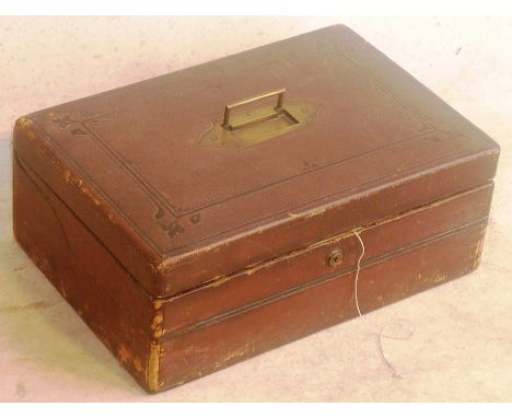 A large and unusual 19th Century Travelling Writing/Vanity Case the hinged fall above stationery cabinet and ceramic Aide Mem