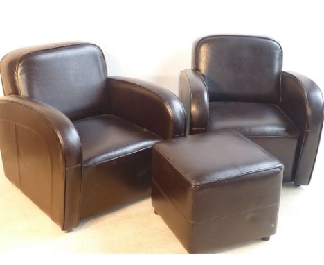 A good pair of 1930's style (modern) brown leather upholstered Club Chairs with matching Pouffe