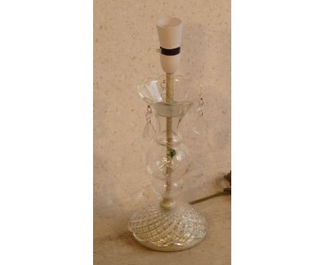 A Waterford Crystal Lamp having three droplets and hobnail cut circular base (modern electrical fittings), total height of gl
