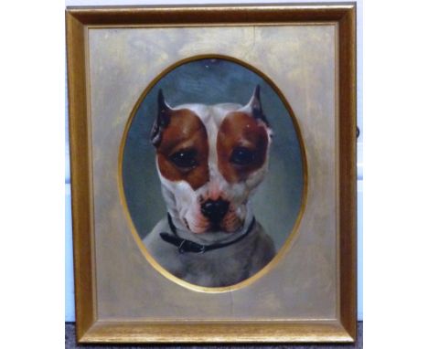 A 19th Century gilt framed (later) oval Oil on Panel naive style Portrait Study of an American Staffordshire Terrier, 21.25cm