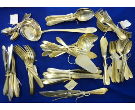 A circa 1930's Swiss silver (marked 800) Cutlery/Flatware Service comprising nine large Knives, nine large Forks, nine small 