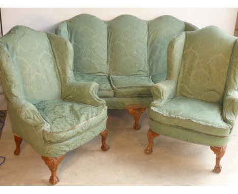 A good early 20th Century three piece Suite in Queen Anne style comprising a three seater Sofa and two single Armchairs, each