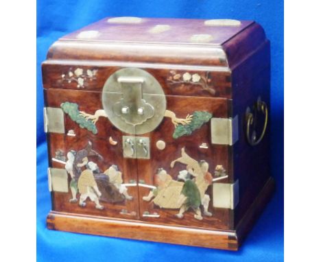 A Chinese hardwood two handled Travelling Vanity Case, the hinged lid (set with four pierced hardstone decorative appliques, 