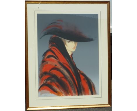 *A 20th Century Limited Edition Print of a lady wearing a feather hat and red and black coat, indistinctly signed lower right