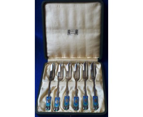 A good set of six Liberty & Co., silver and enamel handled Cake Forks within original case, each Fork with makers mark of Lib