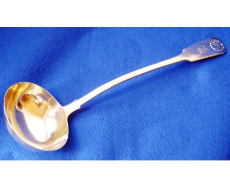A large mid 19th Century hallmarked silver fiddle pattern Ladle engraved with armorial crest, assayed London 1847, 32cm, appr