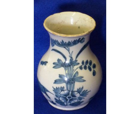 A small 18th Century Dutch Delftware baluster shaped Vase hand decorated with flying insects and a butterfly amongst flowers 